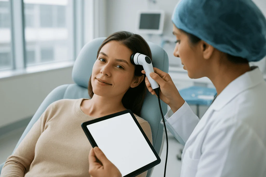Hair Transplant Results Timeline: 1 Month, 3 Months, 1 Year and Beyond 1 Patient undergoing scalp examination with a medical professional at a clinic.