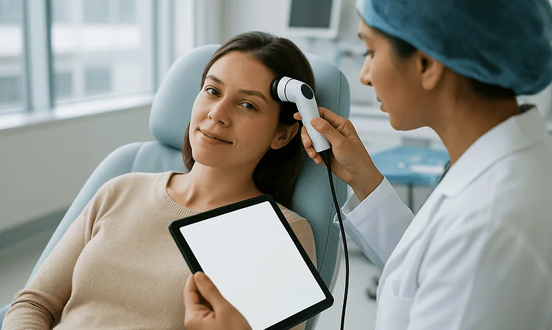 Patient undergoing scalp examination with a medical professional at a clinic.