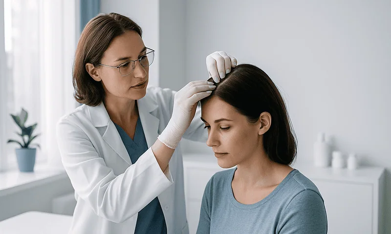 Doctor examining woman's scalp for hair transplant scars at clinic.