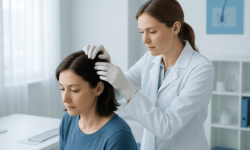 Doctor performing a hair transplant consultation on a patient in a clinical setting.
