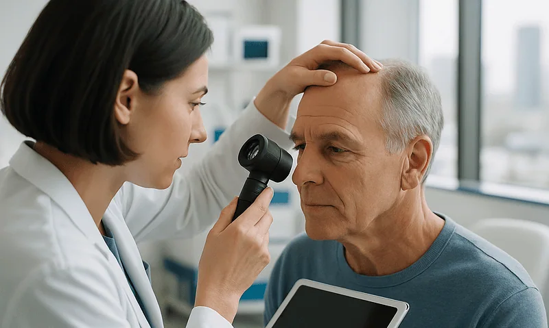 Doctor examining senior man's scalp with a dermatoscope in a clinic setting.