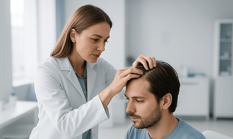 Doctor examining male patient's scalp for hair transplant assessment.