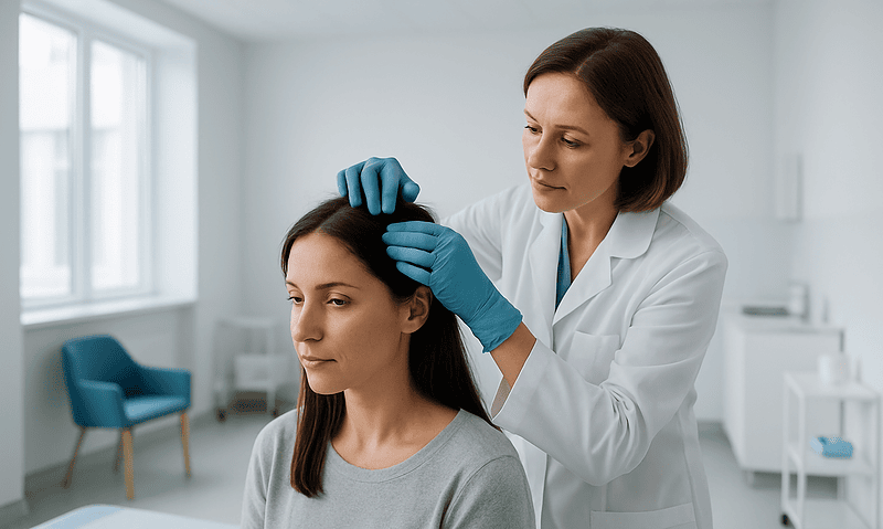 Doctor examining woman's scalp during a hair consultation at a clinic.