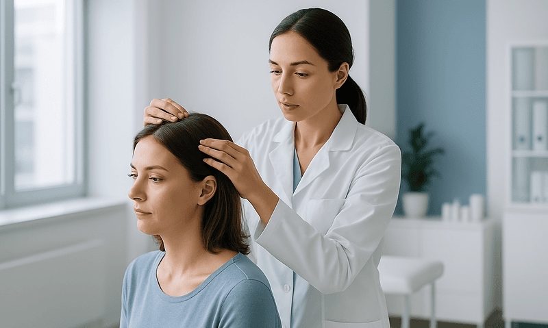 Medical professional performing a scalp examination on a patient in a clinic.