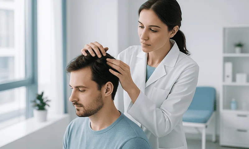 Doctor performing scalp examination for hair transplant consultation.
