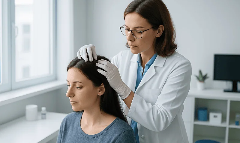 Doctor examining patient's scalp for hair transplant assessment at Acibadem Hospital.