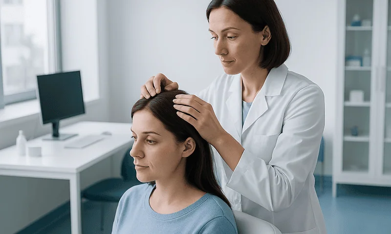 Doctor performing scalp examination on a patient in a clinical setting.
