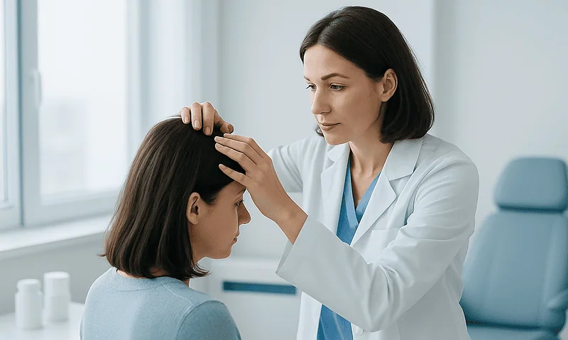 Doctor examining woman's scalp in a medical consultation room.