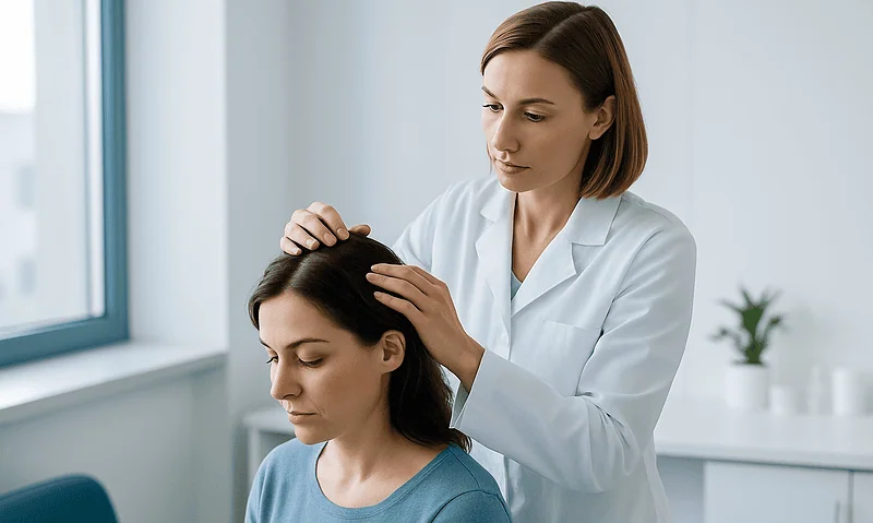 Doctor performing scalp examination on a patient in a clinical setting.
