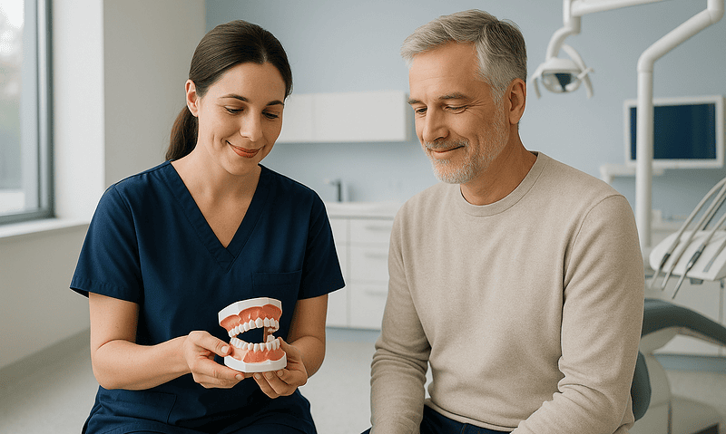 Dentist explaining oral health to a patient with a dental model.