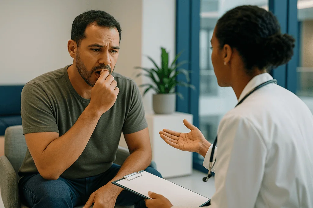 Doctor consulting with patient about health concern: Halitosis causes: why the mouth is the usual suspect