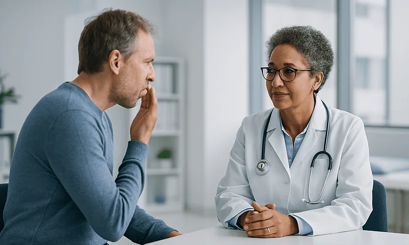 Doctor consulting with a patient about oral health issues in a clinic setting.