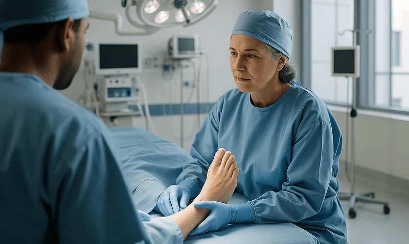 Surgeon examining patient's foot in operating room for Hallux Rigidus surgery.