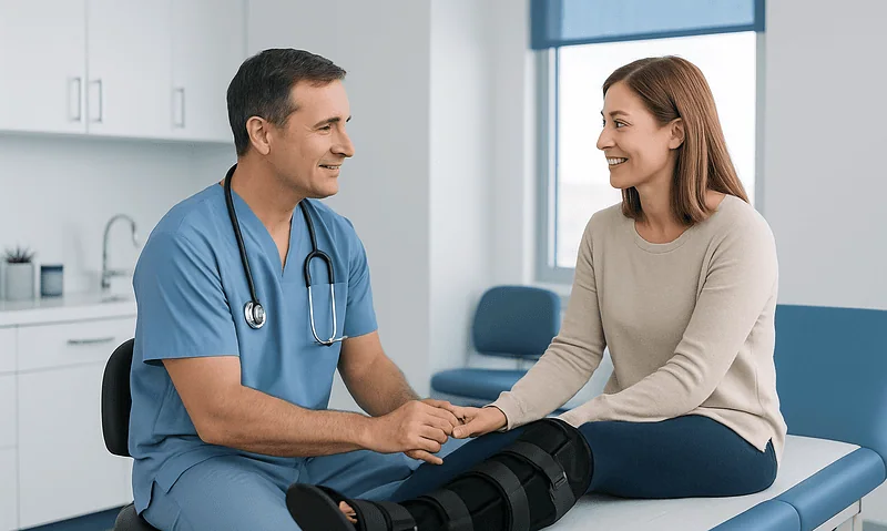 Doctor examining patient's leg with orthopedic brace in clinic.