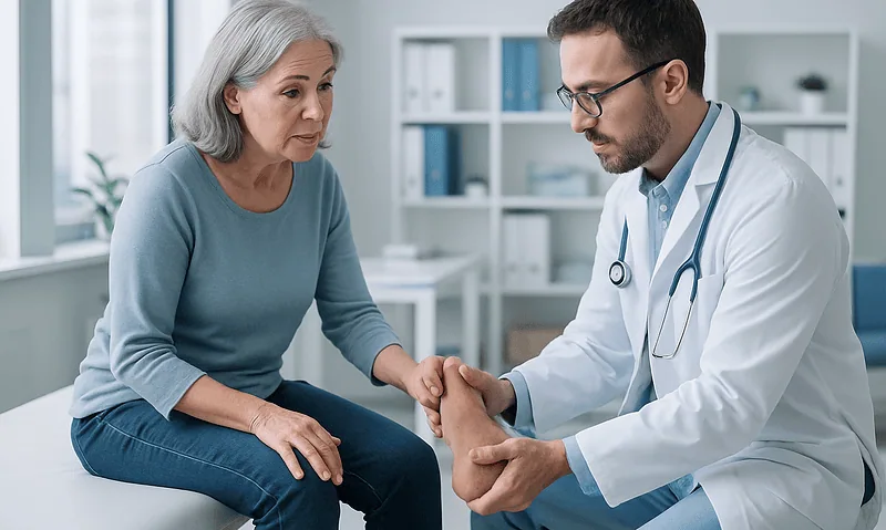 Doctor examining elderly woman's foot in a medical consultation.