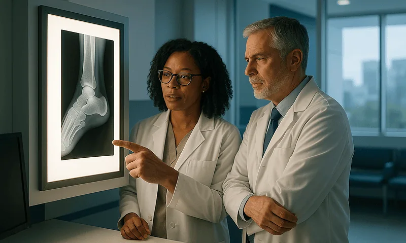Doctors examining an X-ray of a foot with hallux valgus condition.
