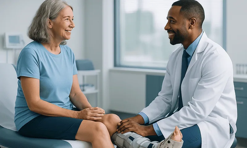 Doctor consulting with elderly female patient in a medical office.