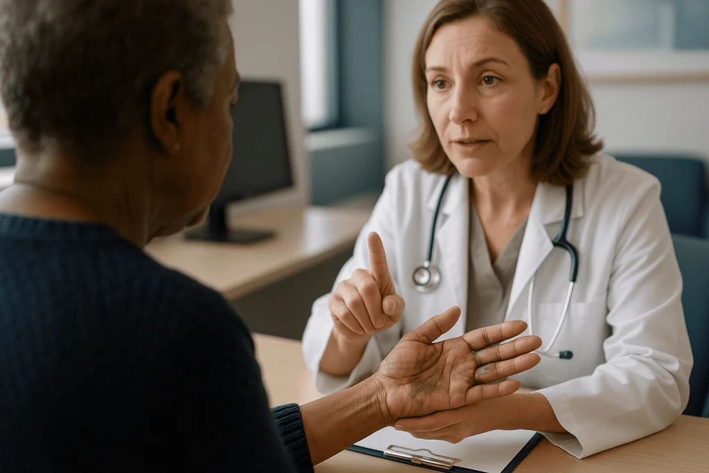 Doctor consulting with patient in office setting: Hand filler bruising: what is normal and what is not