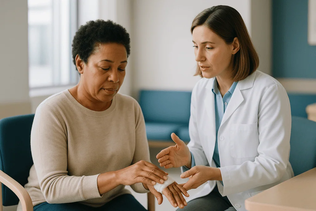 Doctor examining patient's hands during consultation: Hand filler recovery: what the first 24 hours usually feel like