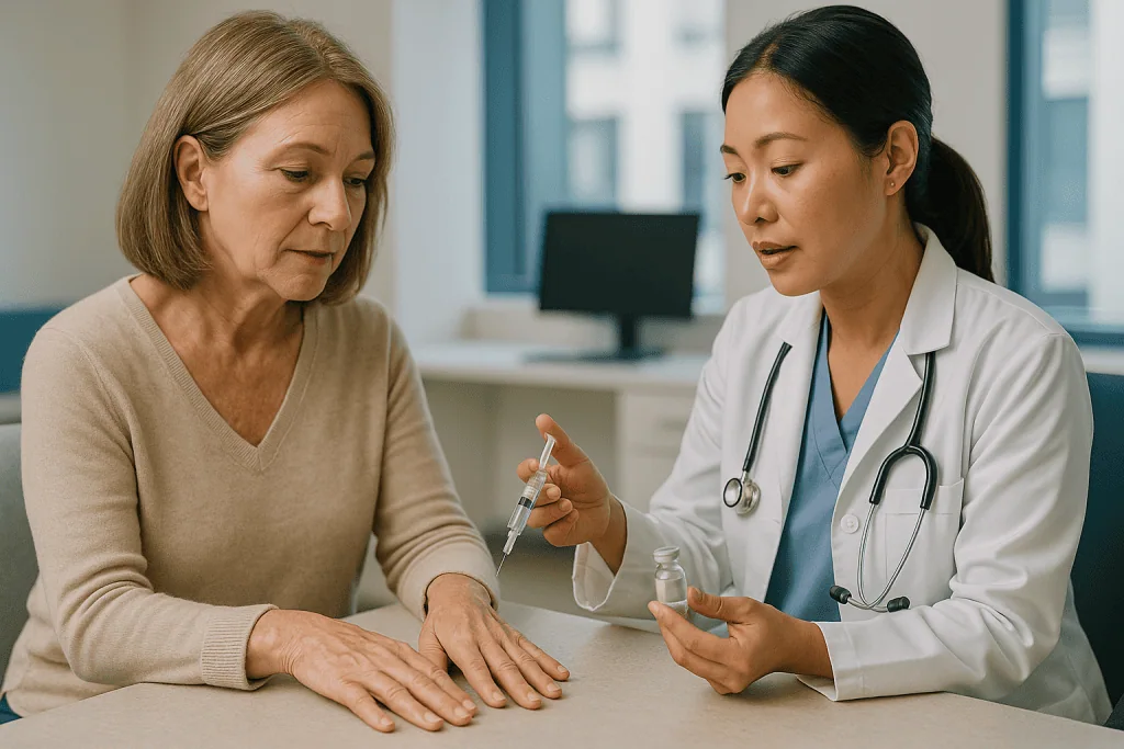 Doctor discussing injection treatment with mature female patient: Hand filler vs fat transfer: what actually happens in each