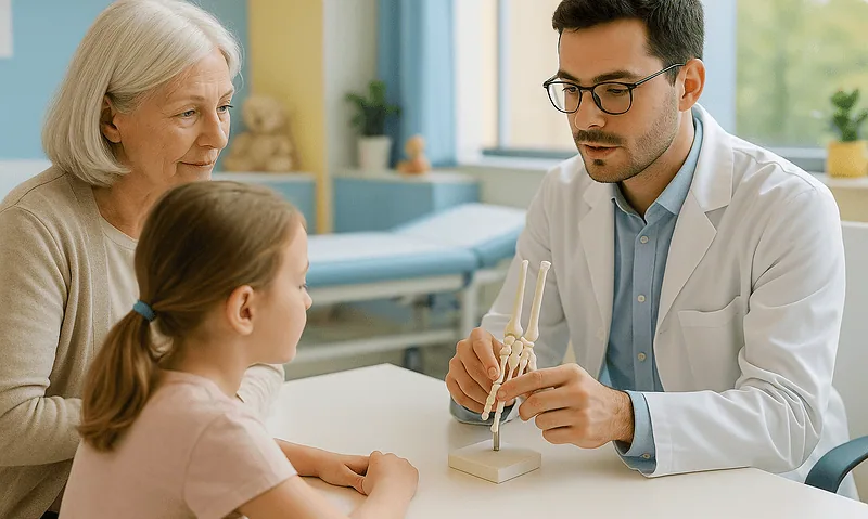 Pediatric doctor explaining hand-foot-mouth disease to young girl and her grandmother.
