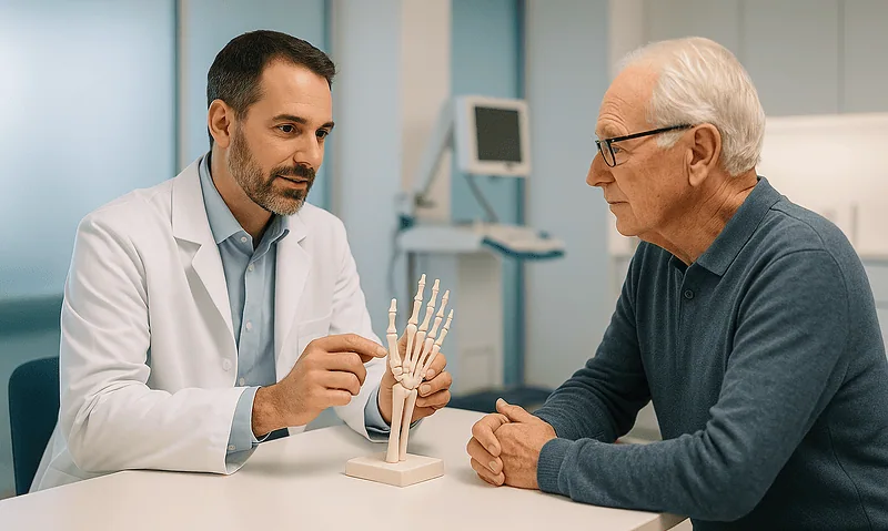 Doctor explaining hand anatomy to elderly patient in consultation room.