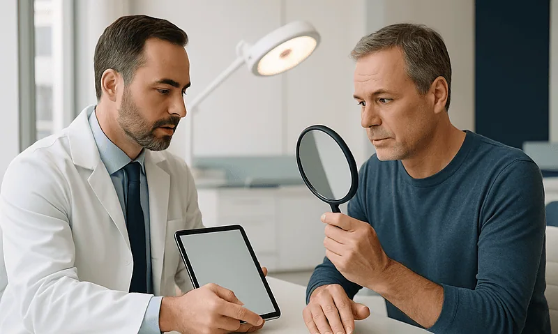 Doctor examining patient's hand with a magnifying glass at Acibadem Hospital.