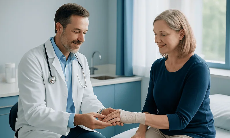 Doctor examining woman's hand after hand rejuvenation procedure.