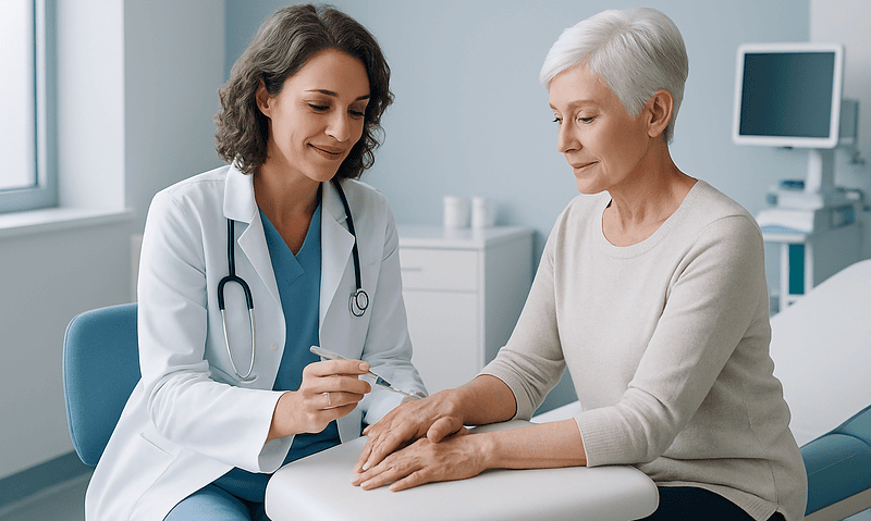 Doctor consulting with elderly woman in a medical office setting.