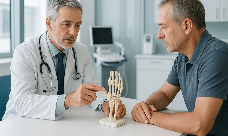 Doctor explaining hand anatomy to patient with hand model in clinic.