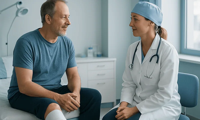 Doctor consulting with a male patient in a hospital room.