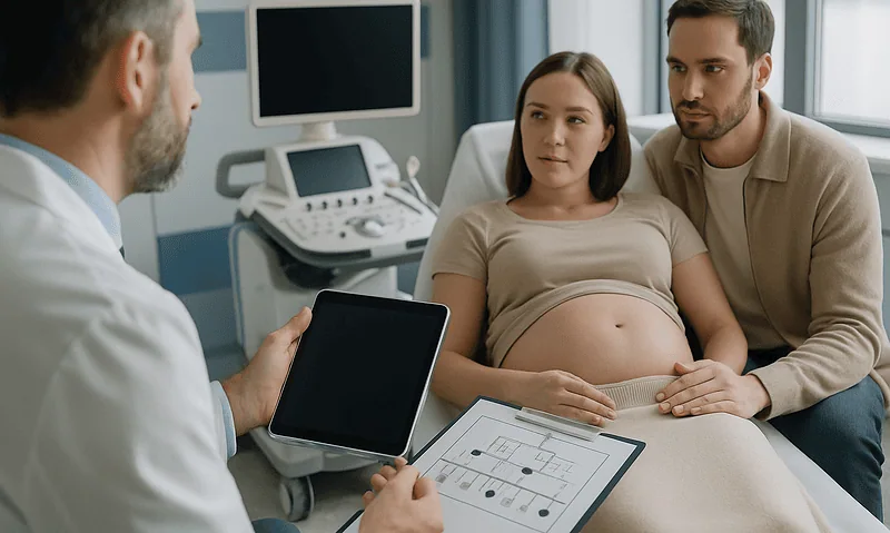 Pregnant woman consulting with doctor and partner in a hospital room.