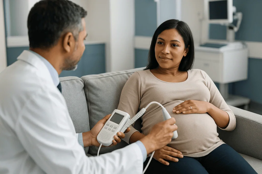 Harlequin Fetus Syndrome 1 Doctor performing ultrasound on pregnant woman in a medical clinic.