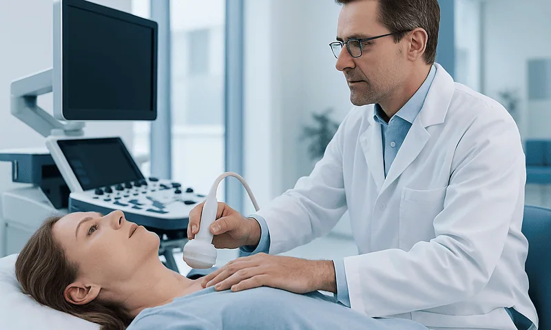 Doctor performing thyroid ultrasound on female patient in hospital.