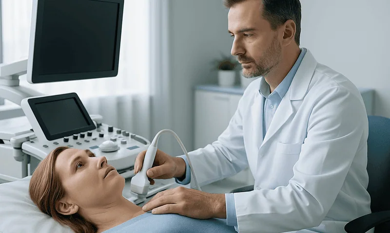 Endocrinologist performing thyroid ultrasound on patient in clinic.