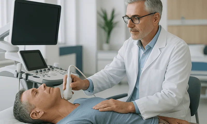 Endocrinologist performing thyroid ultrasound on patient in hospital.