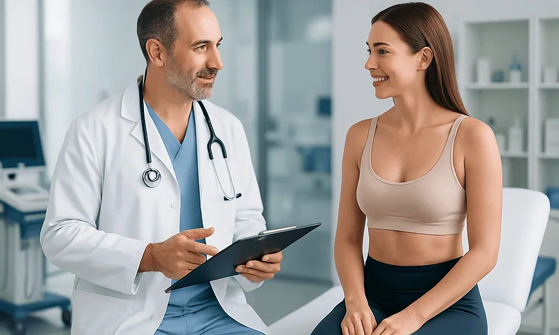 Doctor consulting with a young woman in a medical office.