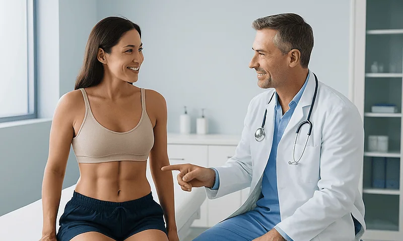 Doctor consulting with a woman patient in a medical office.