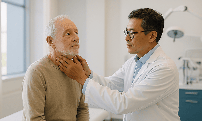 Doctor examining a patient's neck in a medical consultation room.