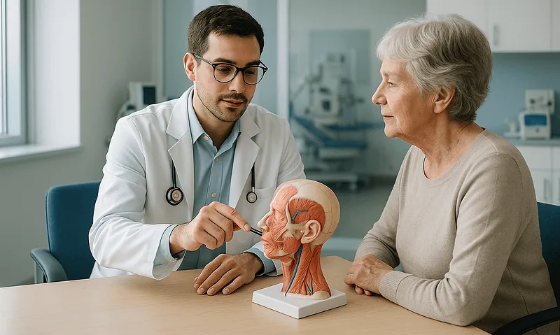 Doctor explaining head and neck anatomy to elderly woman with model.