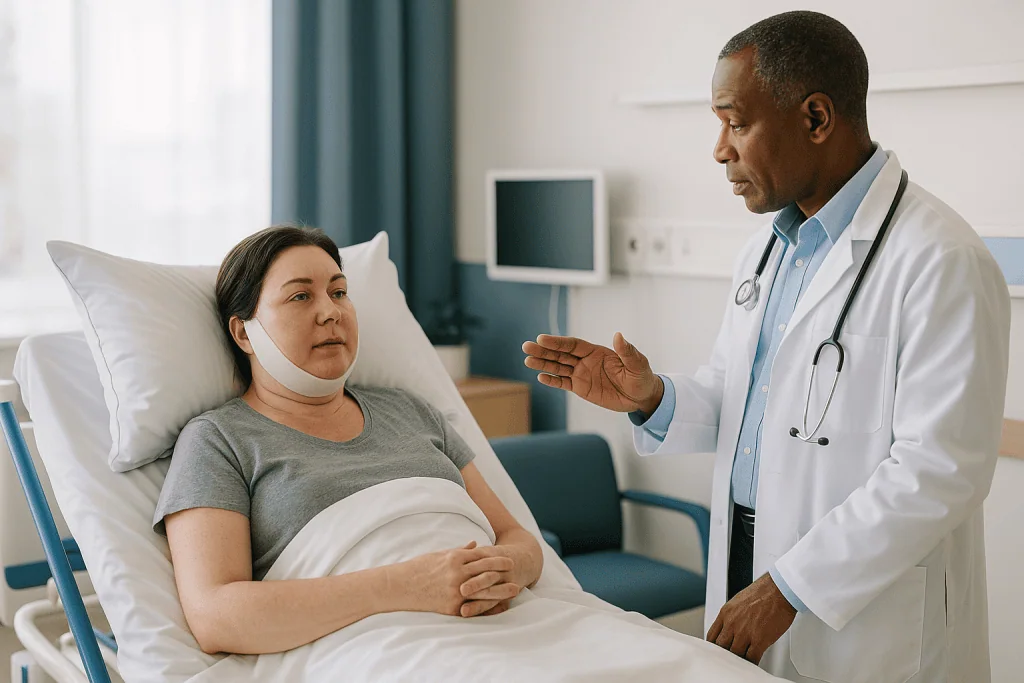 Doctor consulting patient with neck brace in hospital room: Head elevation after facial augmentation: how high, how long and