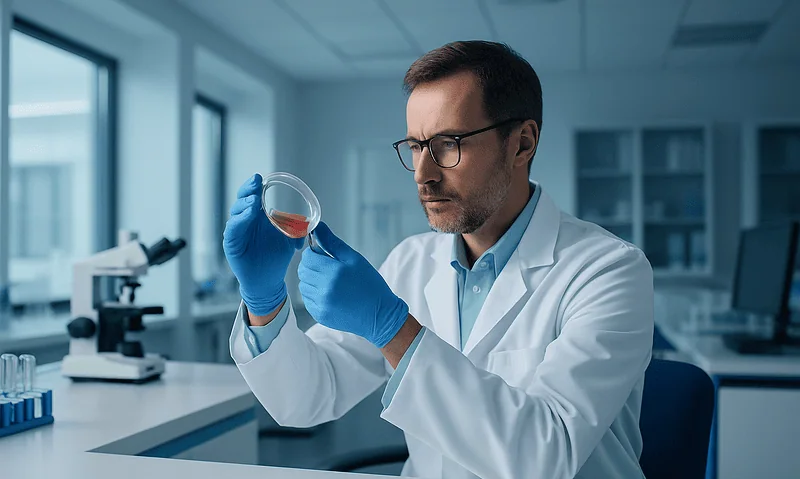 Scientist examining a red liquid in a laboratory setting.