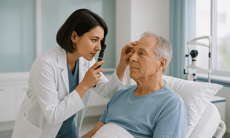 Doctor examining elderly patient's head in hospital setting.