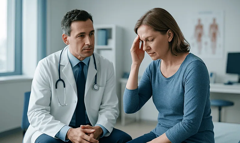 Doctor consulting with a woman patient about headache symptoms in a clinic.