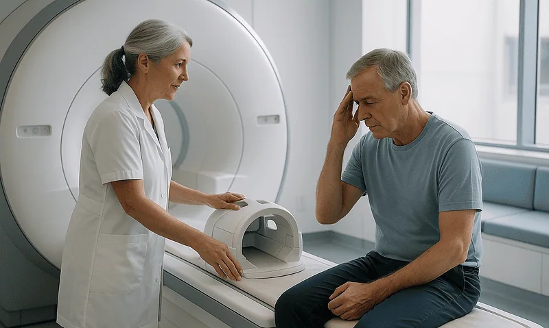 Patient undergoing MRI scan at Acibadem Hospital for headache evaluation.