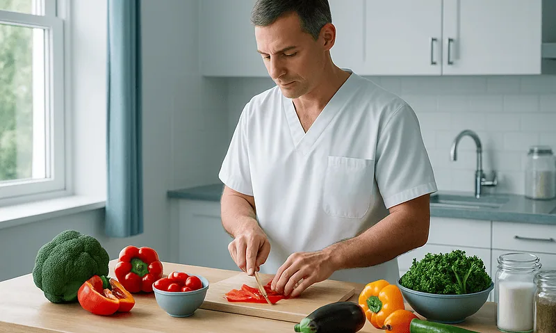 Man preparing healthy vegetables in a modern kitchen for a soft diet.