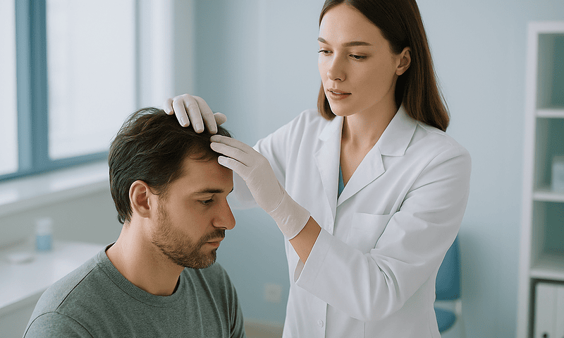Doctor examining patient's scalp after hair transplant procedure.