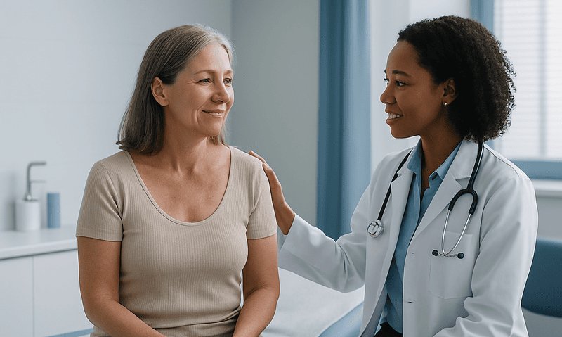 Doctor comforting a patient after nipple reconstruction surgery in a clinical setting.