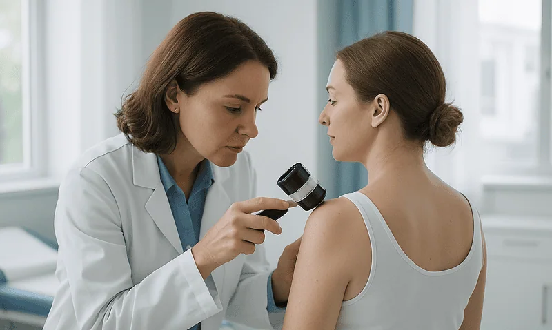 Doctor examining patient's skin with a dermatoscope in a clinical setting.