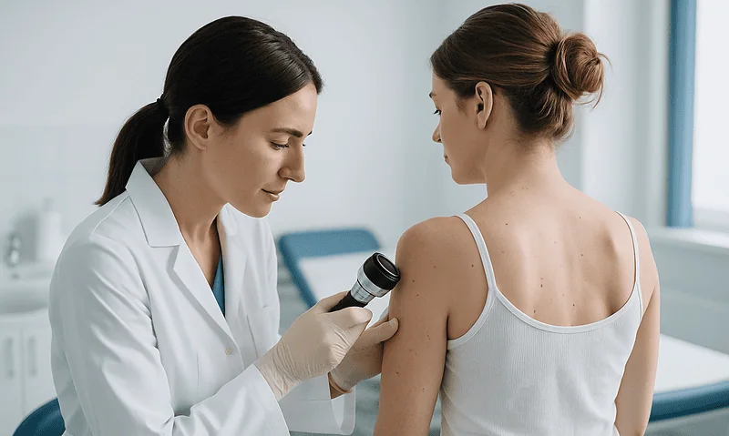 Doctor examining patient's skin after skin cancer surgery in a clinical setting.